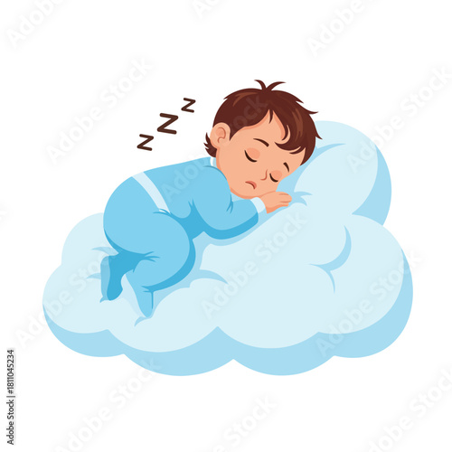 A cute baby boy sleeping soundly on a soft, fluffy cloud, representing peaceful dreams and a tranquil slumber