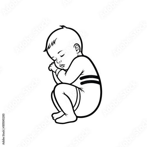 A peaceful black and white illustration of a sleeping baby curled up in a fetal position, symbolizing innocence and new beginnings