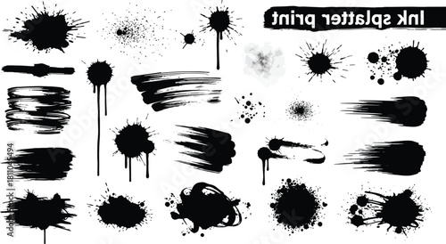 Grunge ink splatter. Splash of paints, spray drops staining and frame with wet paint drop traces vector set. Illustration splash and drip design, silhouette blob spray collection