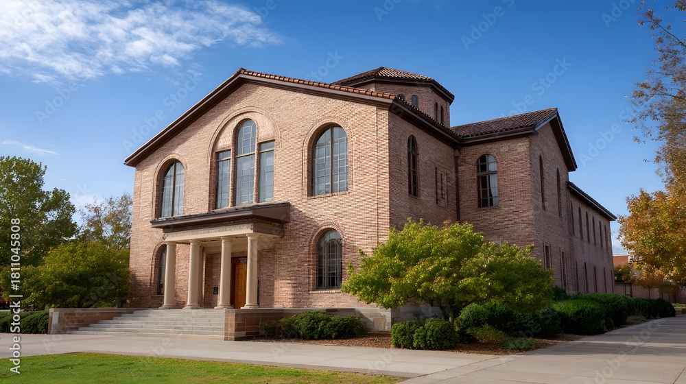 Fototapeta premium Majestic classical brick building with arched and autumn foliage under a blue sky