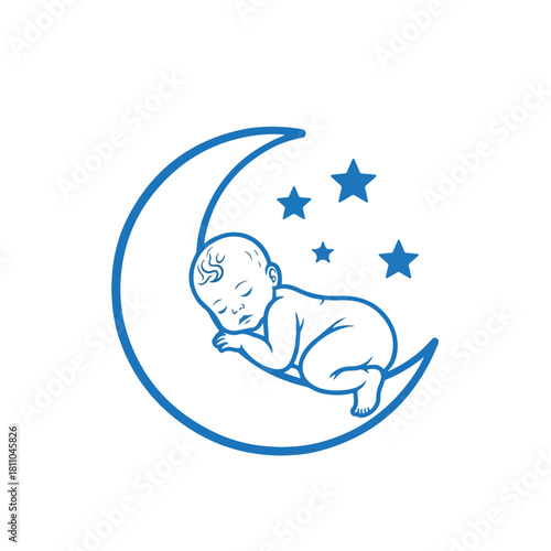 Sweet dreams baby sleeping on the moon with stars, cute lullaby illustration