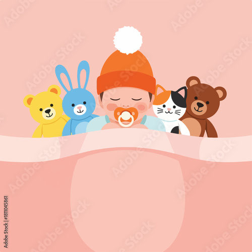 Cute baby sleeping peacefully surrounded by stuffed toys in a cozy bed