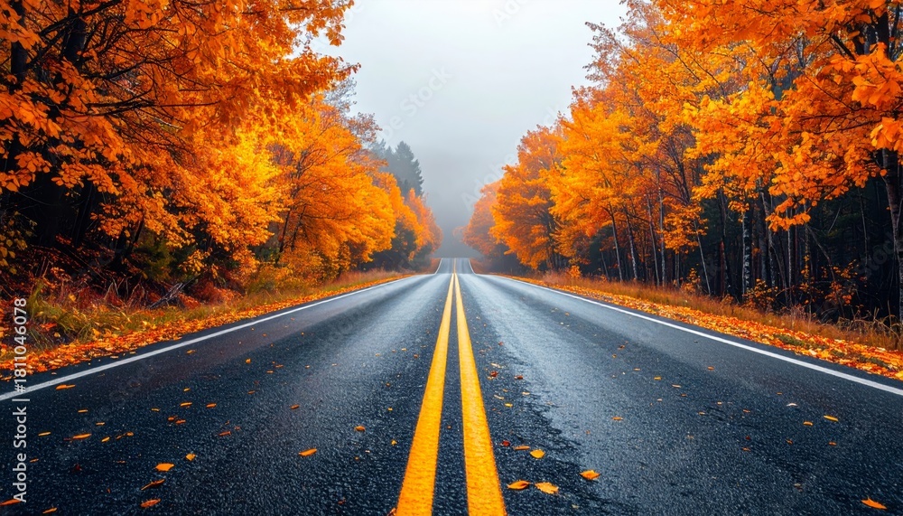 Fototapeta premium Yellow autumn leaves line the asphalt country road at sunset, stretching toward the horizon through the rural forest landscape