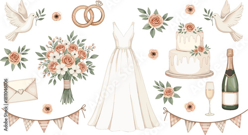 Elegant vector wedding collection featuring a bridal dress, gold rings, floral bouquet, tiered cake, champagne bottle, and doves, perfect for invitations, stationery, and bridal shower designs with a 