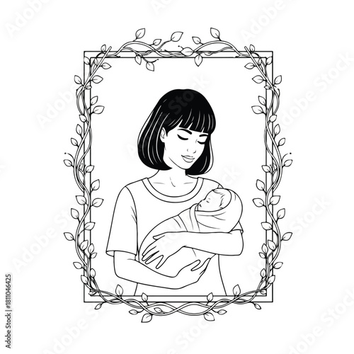 A loving mother tenderly holds her newborn baby in a delicate floral frame, symbolizing maternal care and the precious bond of family