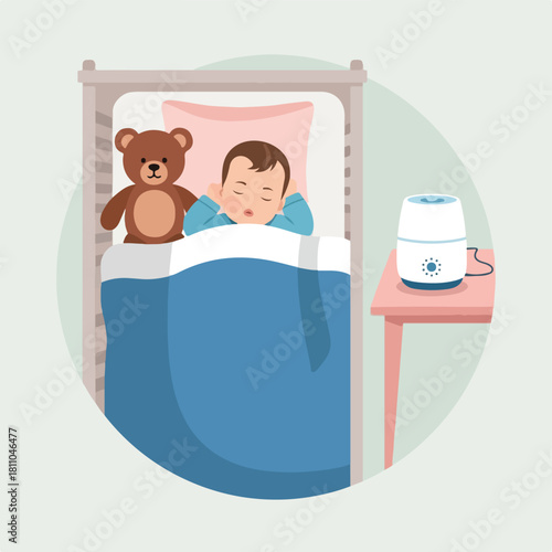 Peaceful baby sleeping soundly in crib with teddy bear and bottle warmer nearby