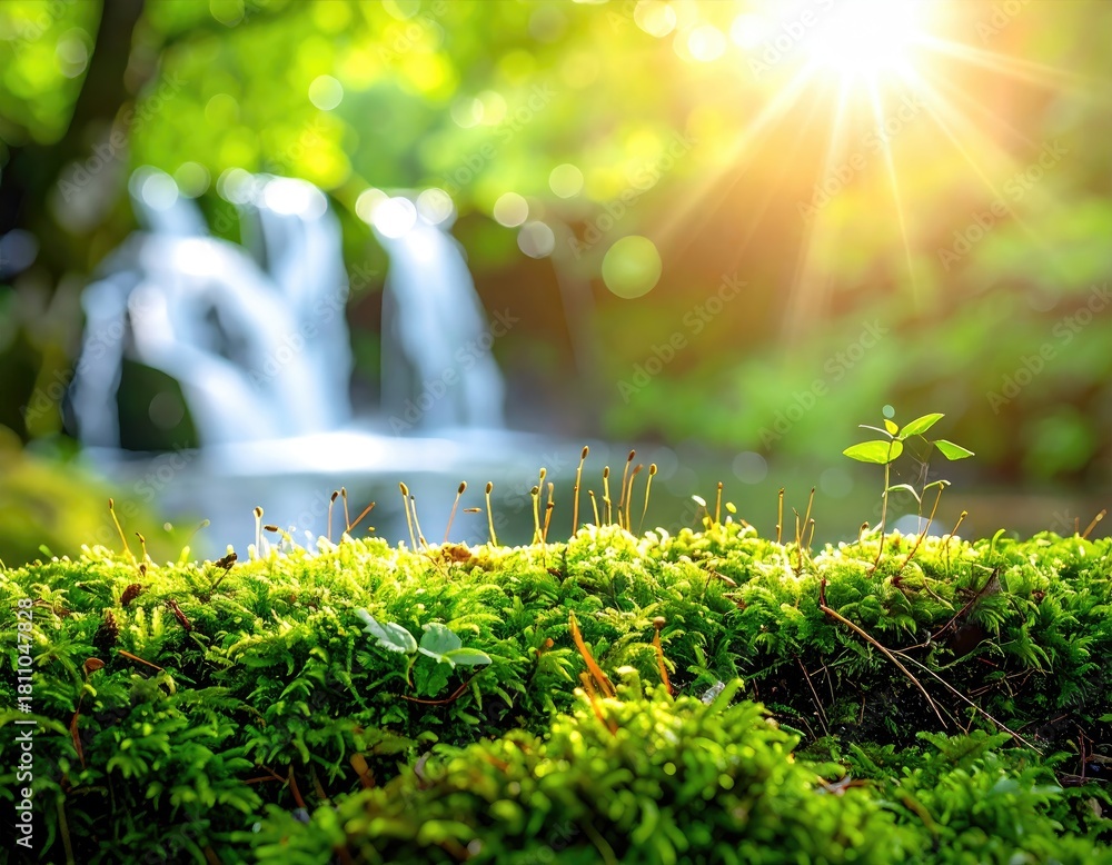 Fototapeta premium Sunlight streams through lush green forest illuminating a mossy log and waterfall.
