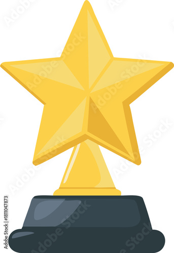 Glossy Yellow Star Trophy on Smooth Rounded Black Base, Symbolizing Entertainment Industry Award, Cinema or Film Festival Honor, Vector