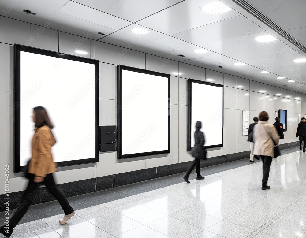Fototapeta premium Modern digital advertising screens in a busy public walkway.