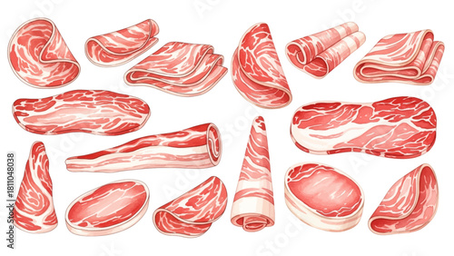 An illustrated collection of various raw meat slices, including bacon, ham, and prosciutto, arranged in different cuts and folds.