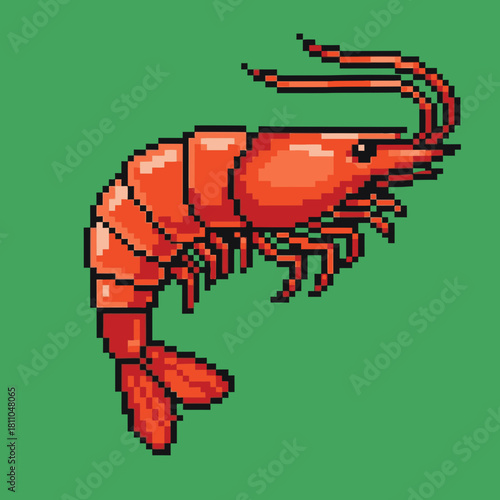 A vibrant pixel art illustration of a red shrimp with antennae on a solid green background, showcasing retro gaming aesthetics.