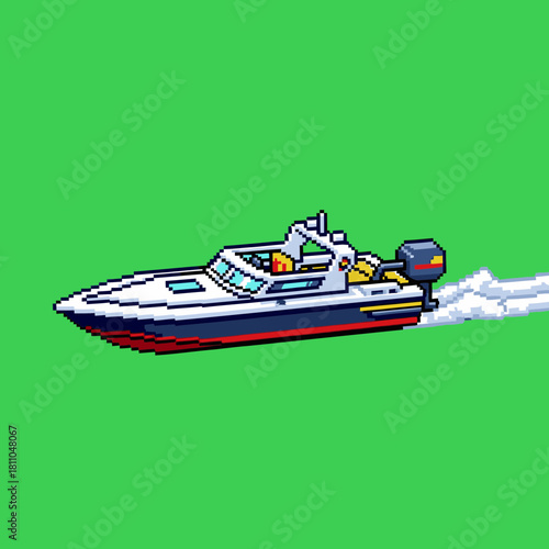 Pixel art speed boat with an outboard motor cruising on water, leaving a white wake against a vibrant green background.