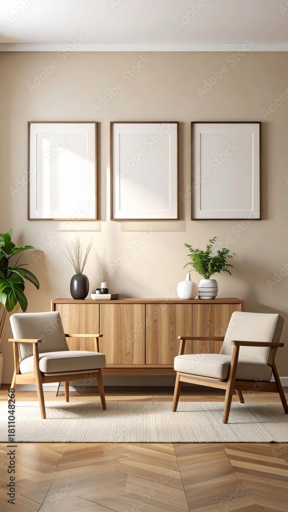 Fototapeta premium Modern minimalist living room interior with two armchairs and empty frames on wall.