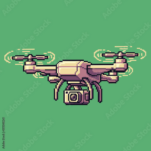 A pixel art illustration of a modern drone with a camera, featuring four propellers and a gimbal, set against a solid green background.