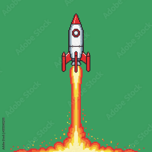 Pixel art rocket launching into space with fiery exhaust against a solid green background.