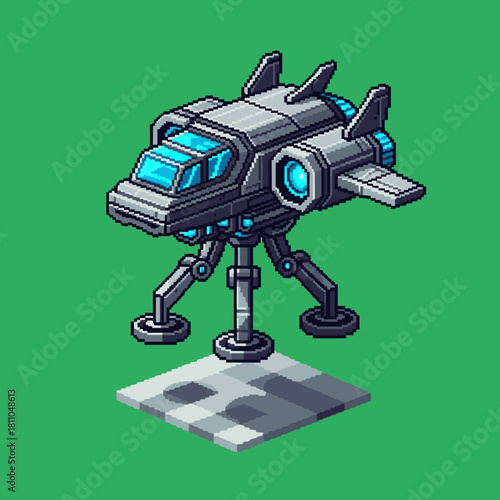 Isometric pixel art futuristic spaceship with blue windows and engines, standing on three robotic legs on a checkered platform.
