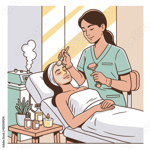 Facial Treatment Vector Illustration, Woman Receiving Facial Mask and Massage at a Spa or Salon