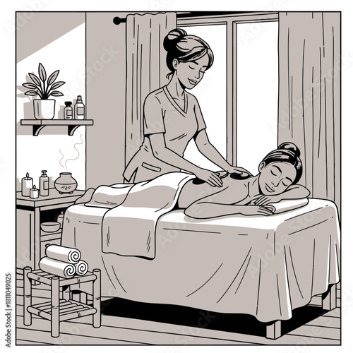 Spa Service Illustration, Woman Lying Face Down on a Massage Table Receiving Hot Stone Back Treatment in Monochrome Style