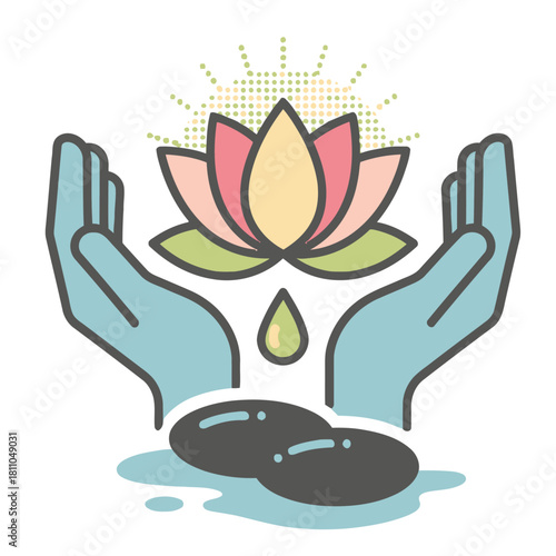 Wellness Therapy Icon, Cupped Hands Holding Lotus Flower with Droplet, Self-Care and Natural Healing Vector Symbol
