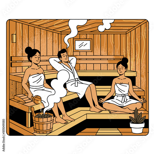 Family Relaxing in Sauna Illustration, Man and Two Women Enjoying Heat Therapy and Wellness Vector Scene