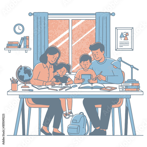 Parents Helping Kids with Homework Illustration, Family Studying Together at Home Desk, Education and Bonding Vector Scene