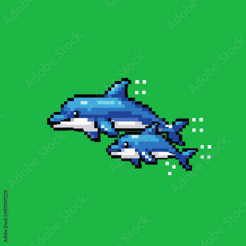 Pixel art illustration of two blue dolphins swimming on a vibrant green background, one larger and one smaller.