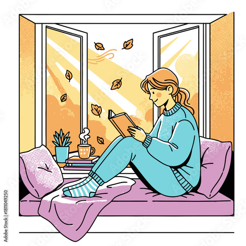 Girl Reading Book by Window Illustration, Woman Relaxing in Cozy Autumn Scene, Leisure and Self-Care Vector Image