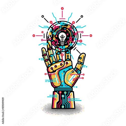 AI Innovation Background Icon, Robotic Hand Holding Digital Light Bulb, Artificial Intelligence and Idea Generation Vector Illustration