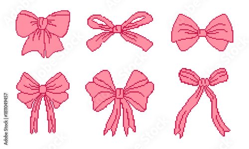 Whimsy pink bow tie ribbon pixel art game icon vector set. Retro computer 8 bit pixelated girly decoration
