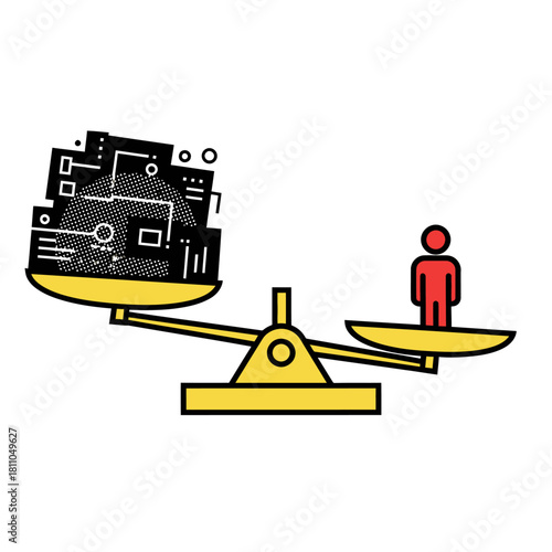 Unbalanced scale weighing complex technological data and circuit boards against a small human figure, symbolizing algorithmic bias and data overload, vector illustration