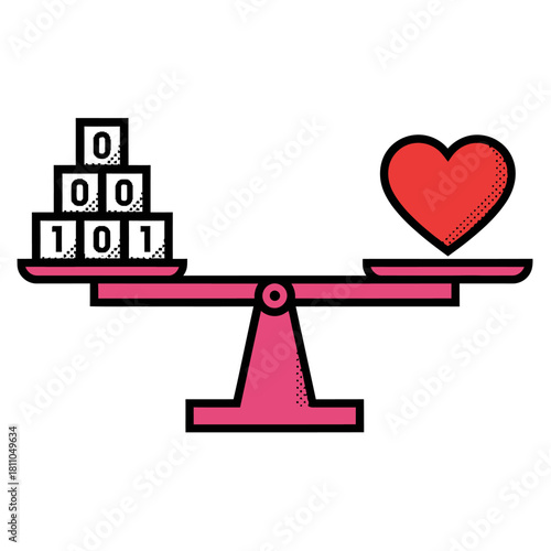 See-saw scale balancing binary code blocks against a heart symbol, representing digital ethics, technology's emotional impact, and weighing data vs humanity, vector illustration