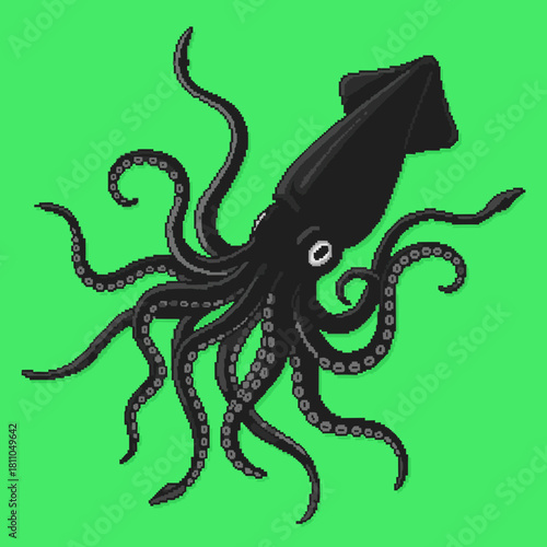 A detailed pixel art illustration of a black squid with tentacles and a siphon, set against a vibrant green background.