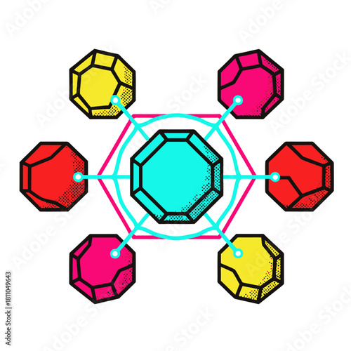 Abstract quantum computing diagram showing a central qubit connected to multiple surrounding colored qubits in a decentralized network, vector illustration