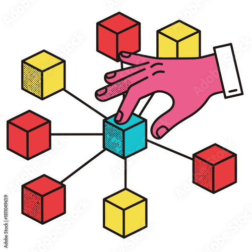 Hand placing a block on a decentralized network of connected colored cubes, symbolizing blockchain governance, data structure, technology, and connection, vector illustration