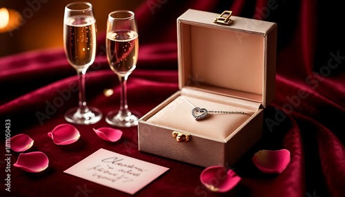 Diamond heart necklace presented in a gift box with champagne, rose petals, and a romantic card on red velvet