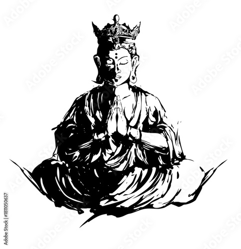 Sumi-e Kannon – Japanese Goddess of Mercy Ink Brush Painting