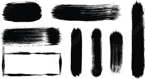 Vector brush streaks pack marker ink strokes grunge. Collection of vector paint bold brush strokes, hand drawn thick grunge lines and rectangle shapes modern grunge.