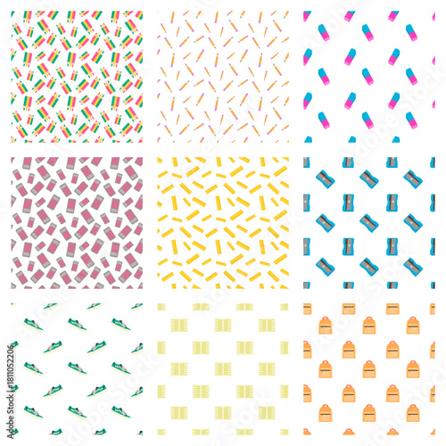 flat design pattern set of color pencil, pencil, calculator, ruler, pencil sharper, shoes, book and backpack