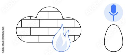 Cloud firewall built with bricks and flame symbolizing protection, microphone for input, abstract oval. Ideal for cloud security, voice control, data safety, technology, protection, network security