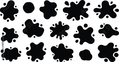 Set of abstract black ink splashes and blots on a white background. Vector collection of black paint splatters, grunge artistic effect.