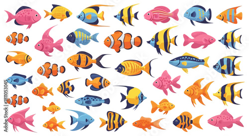 Flat Vector Tropical Fish Icon Set - Cute Cartoon Aquarium Collection