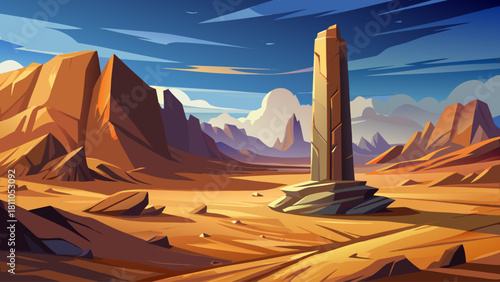 Single isolated rock pillar in barren desert landscape, dramatic shadows, photorealistic minimal scene