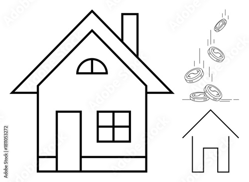 Outline-style house with falling coins symbolizing financial investment, homeownership, savings, and economic growth. Ideal for real estate, property investment, home finance, budgeting