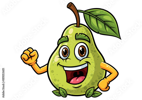 Cheerful cartoon pear character with a green stem and leaves, ready for a healthy lifestyle and vibrant, fruity fun