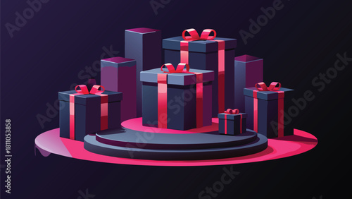 Black Friday sale banner featuring colorful shopping bags and wrapped gifts against a festive background..eps