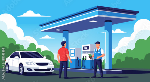 Man and attendant at modern gas station fueling white car under blue sky with fluffy clouds and green trees in background, illustration
