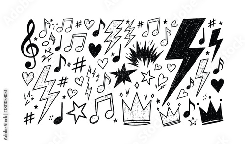 Hand drawn doodle set of music hearts stars crowns and lightning bolts