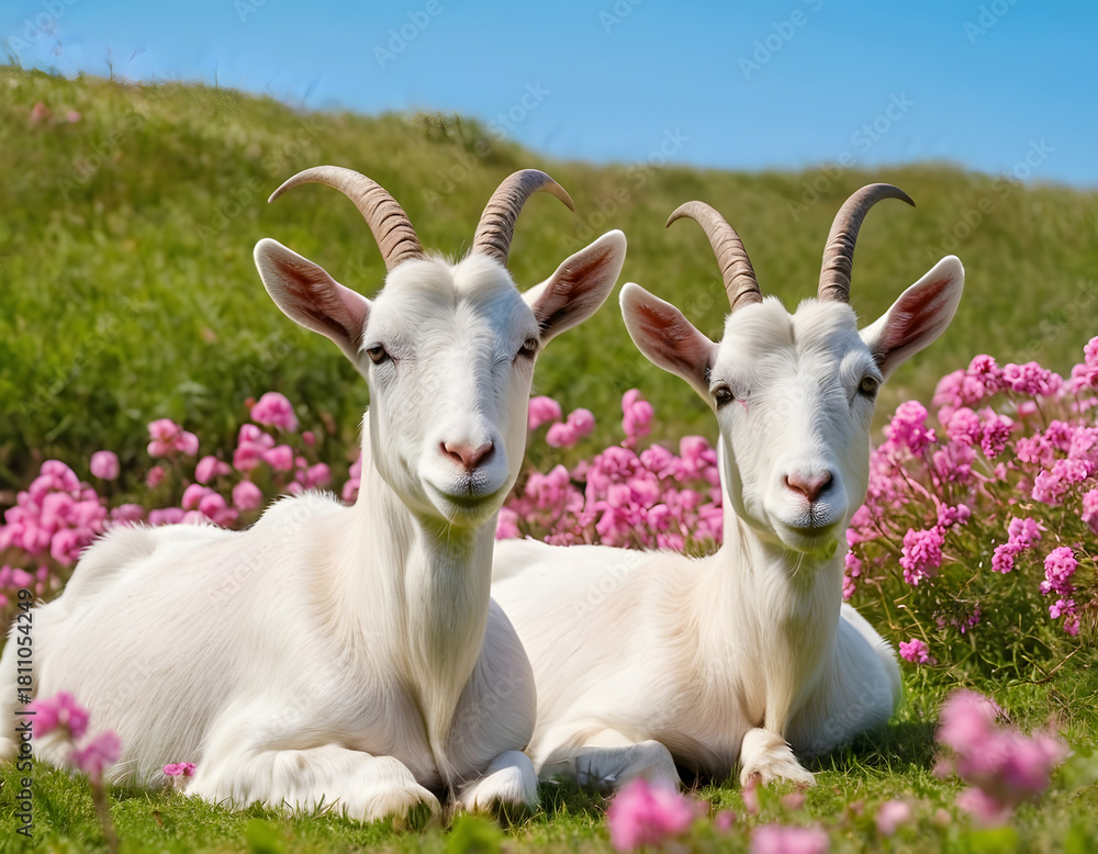 Obraz premium A pair of white goats on the grass between the white and pink flowers on a gorgeous beach with blue sky. goat in the meadow.