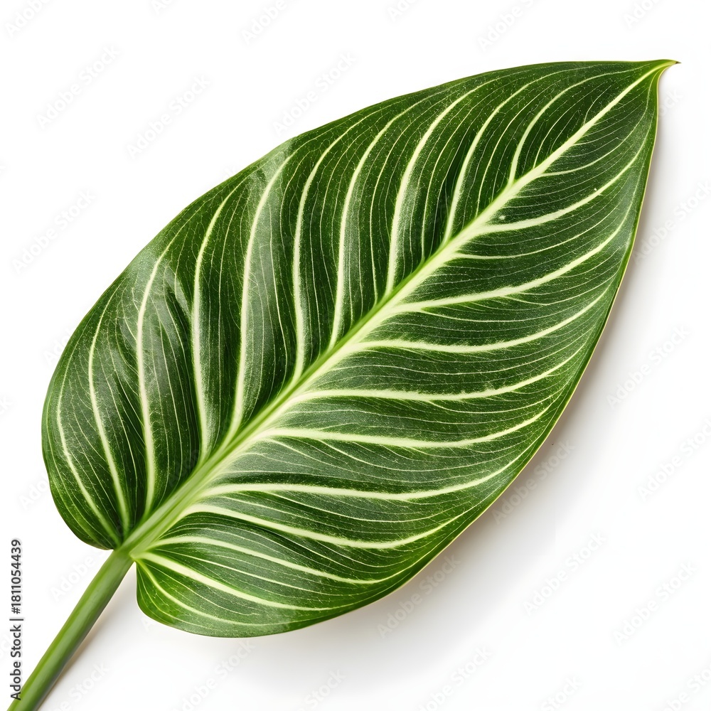 Obraz premium Costus speciosus Crepe Ginger Tropical Green Leaf with Smooth Glossy Texture on Bright White Background Showcasing Exotic Botanical Beauty, Jungle Freshness, and Natural Elegance in Fine Detail