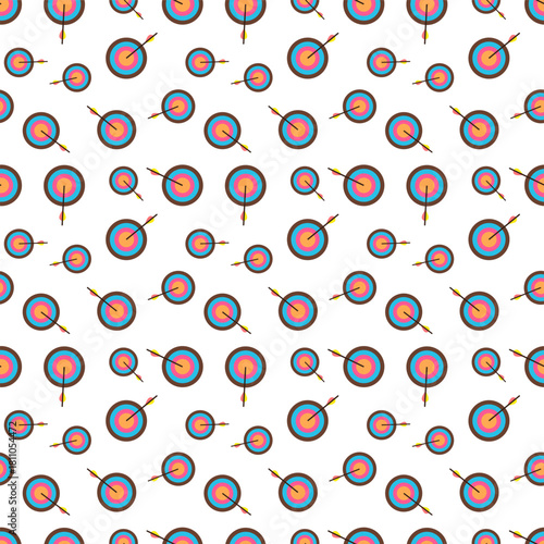flat deign pattern of a colorful archery target with an arrow embedded in it. The target features concentric rings in brown, blue, pink, and an orange bulls eye, while the arrow has a brown